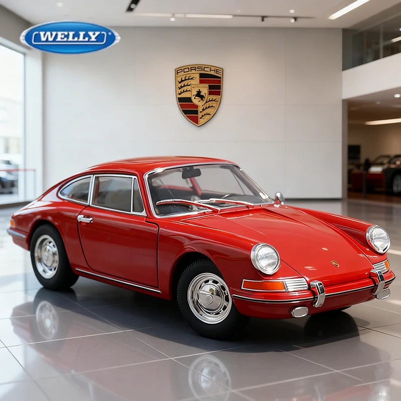 Modèle réduit WELLY Porsche 911 rouge 1:24, vue trois-quarts avant, capot moteur
