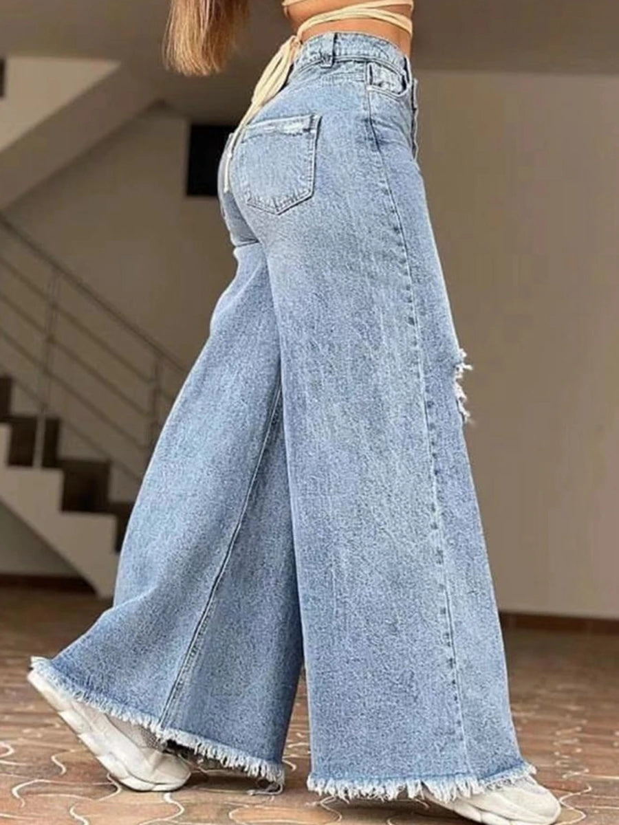 Jean Taille Haute Jambes Larges Femme - Coupe Loose Denim Bleu