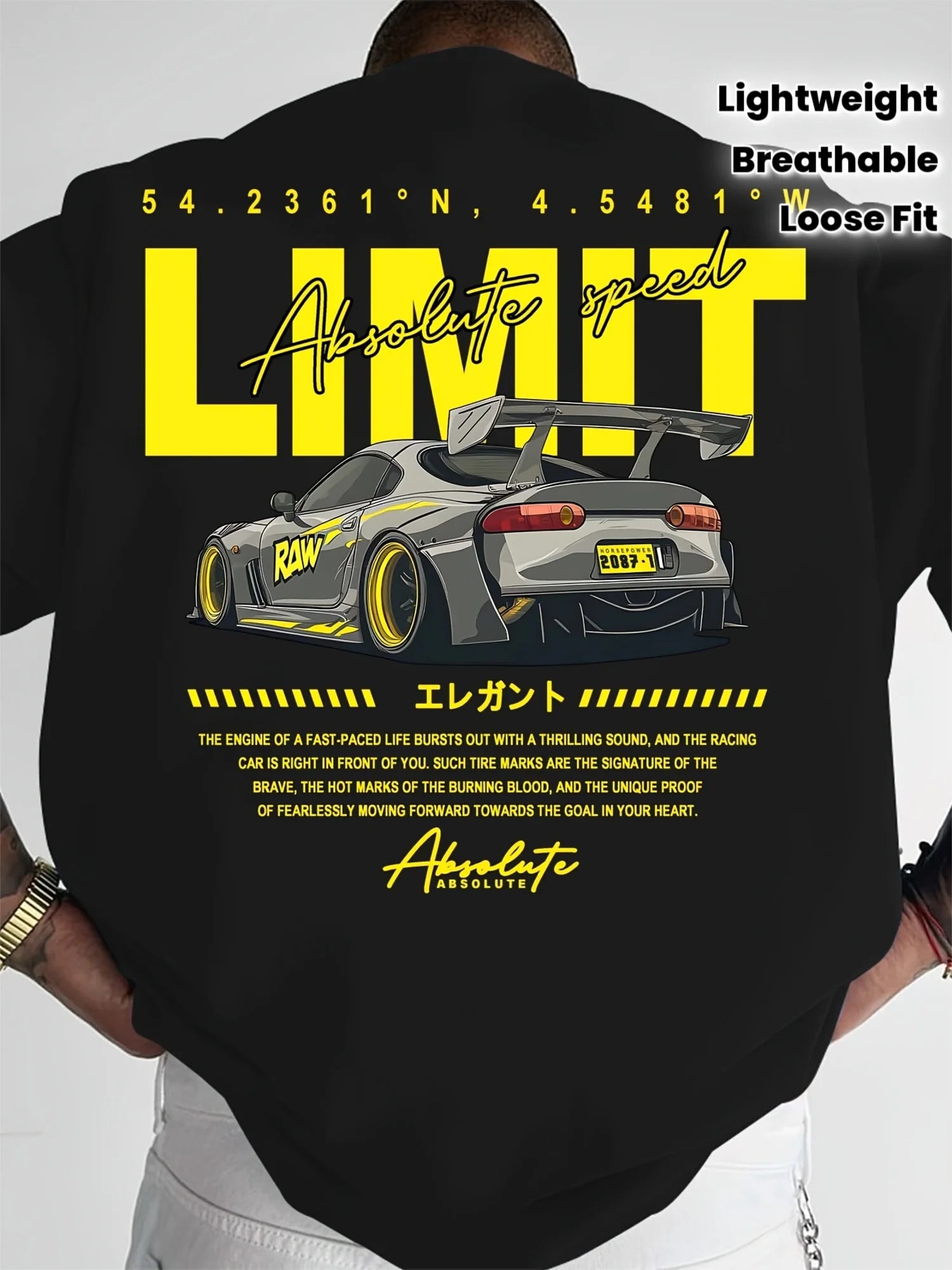 T-shirt noir oversize à grand imprimé au dos : voiture et texte «Absolute».