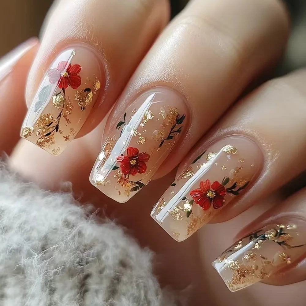Faux ongles à pression carrée courte, fleur de Jade