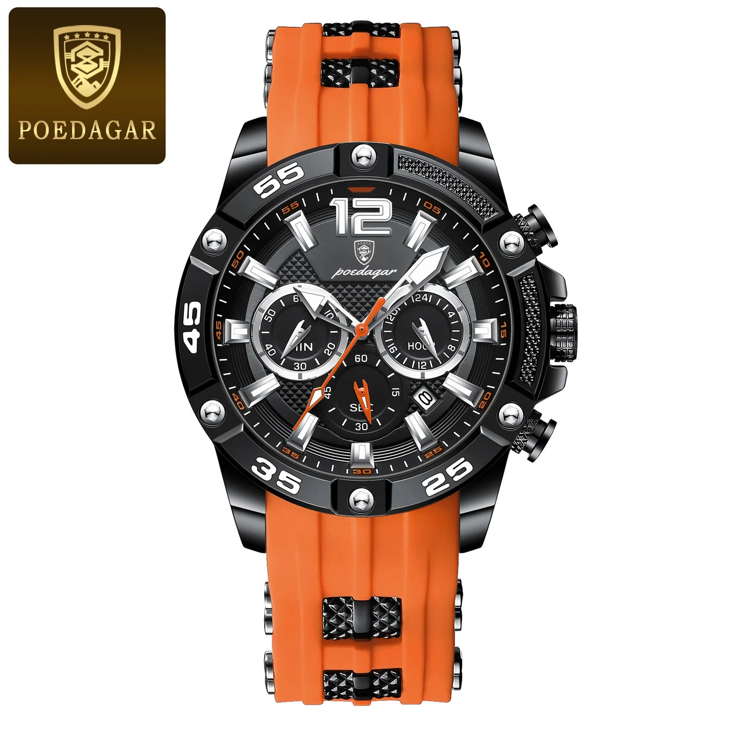 Montre sport PoEDAGAR chronographe, bracelet silicone orange, cadran noir à compteurs