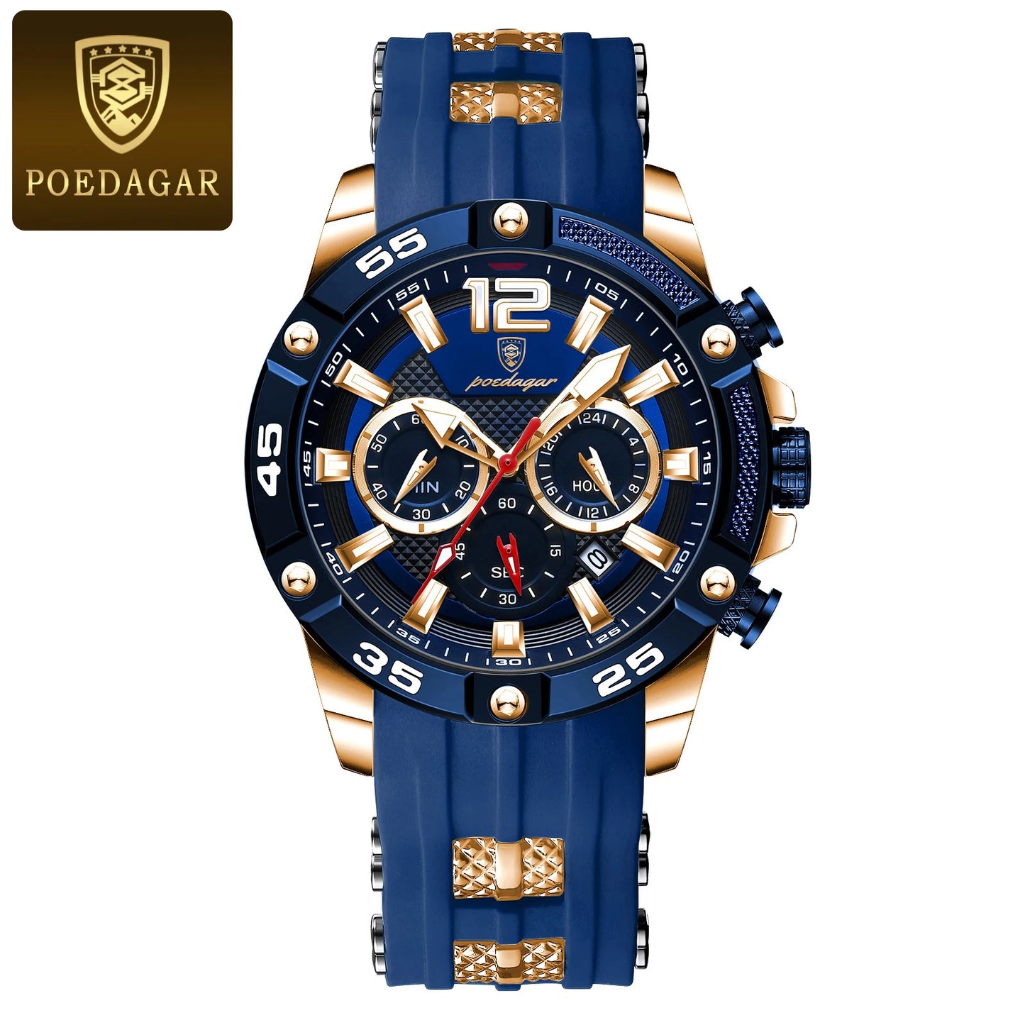 Montre homme POEDAGAR sport, cadran bleu et bezel bleu, boîtier doré, bracelet silicone bleu