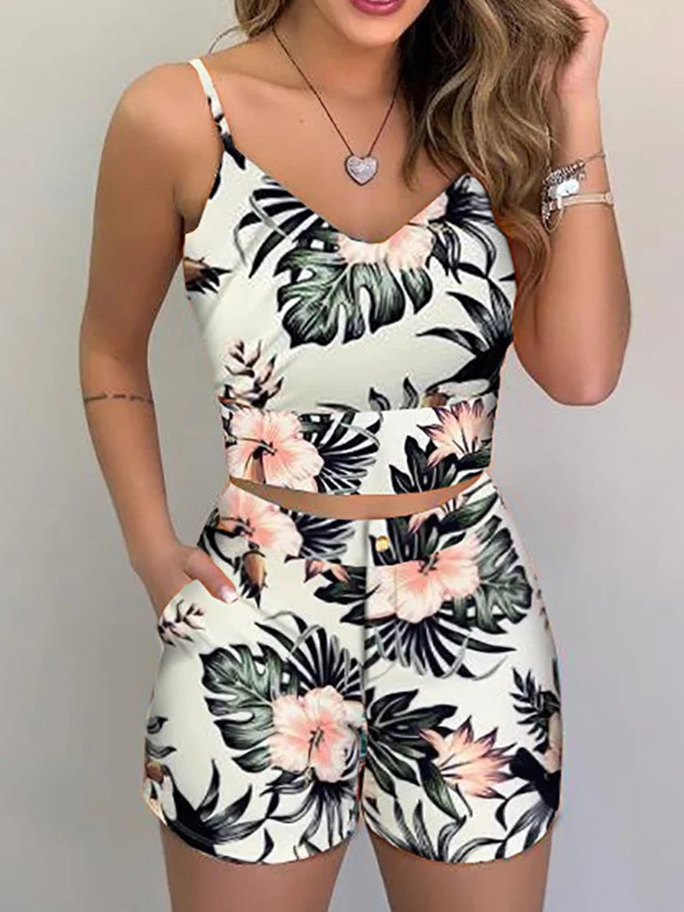 Ensemble Deux Pièces Femme Bohème - Chemise Florale et Short Polyester