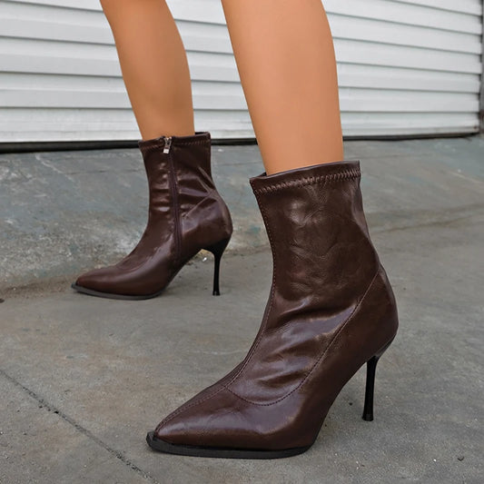 Bottines Femme Talons Aiguilles Bout Pointu - Cuir PU Fermeture Éclair - Tailles 35-42