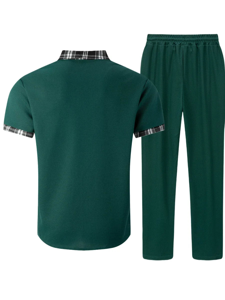 Ensemble chemise gaufrée vue dos col à carreaux et pantalon assorti vert foncé