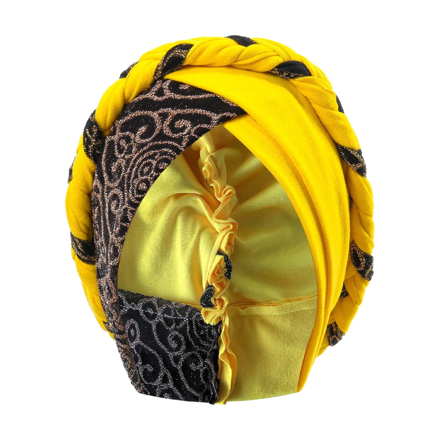 Bonnet turban tressé jaune à motifs noirs et dorés, vue intérieure.