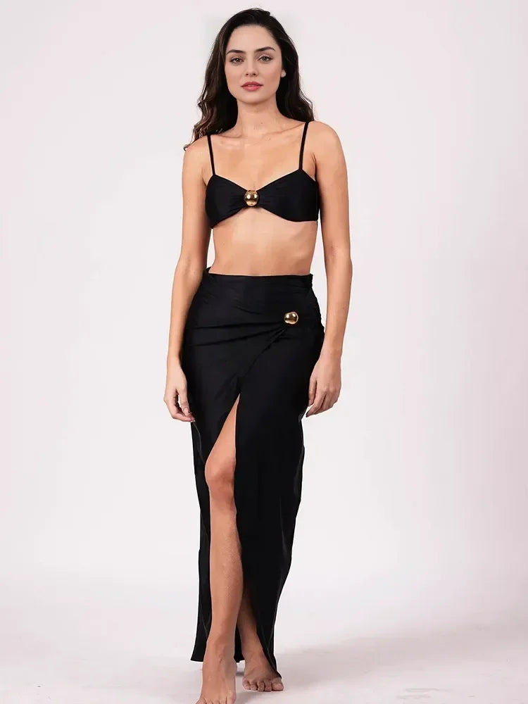 Ensemble bikini trois pièces noir à taille haute, soutien-gorge triangle avec anneau doré et jupe longue