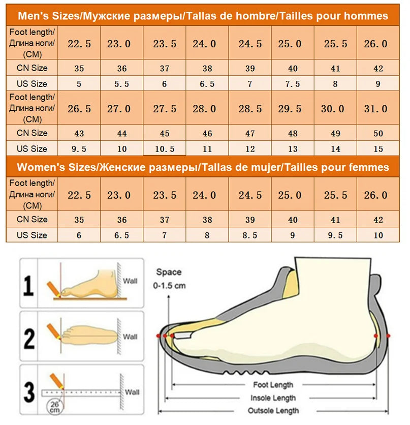 Tableau de tailles pour chaussures : longueurs de pied et correspondances CN/US