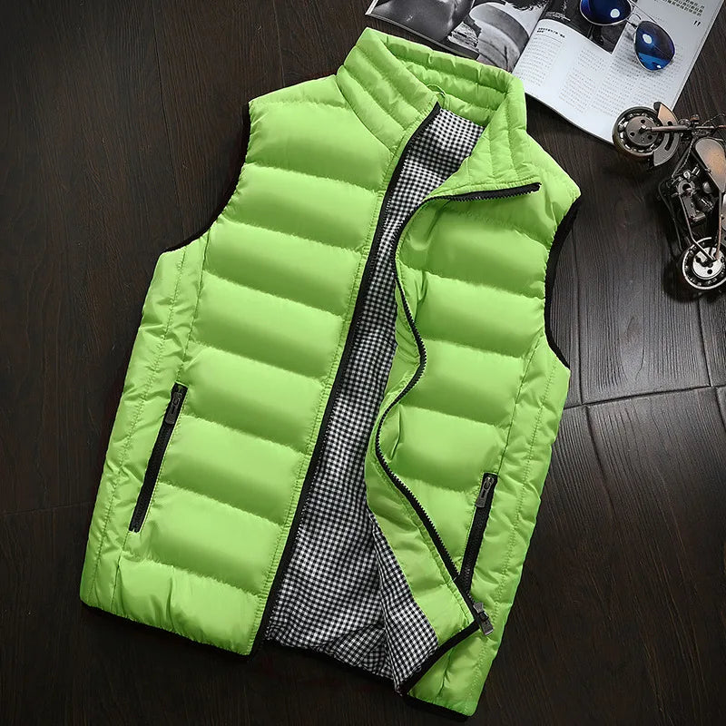 Gilet matelassé sans manches vert vif, zip noir et doublure intérieure à carreaux