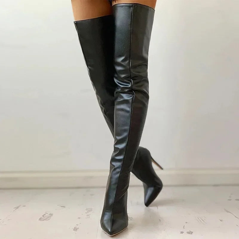 Sexy cuissardes bottes extensibles en cuir pour femmes