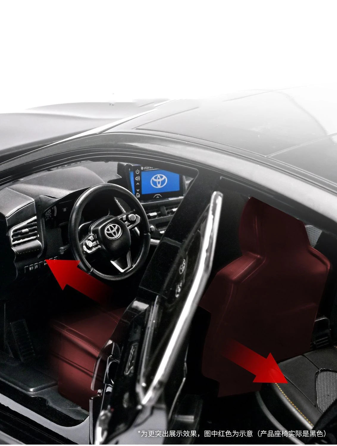 Intérieur voiture miniature blanche Toyota Camry, tableau de bord et sièges bordeaux
