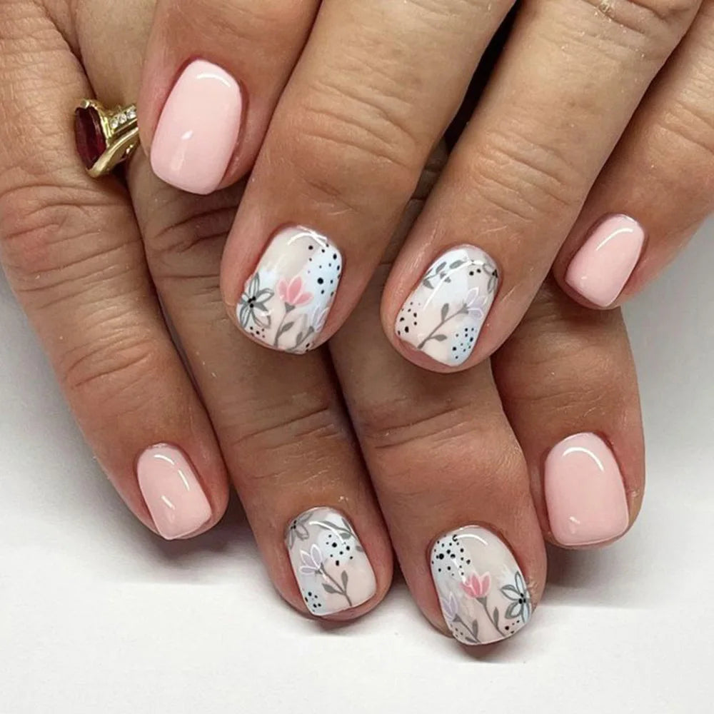Faux ongles à pression carrée courte, fleur de Jade