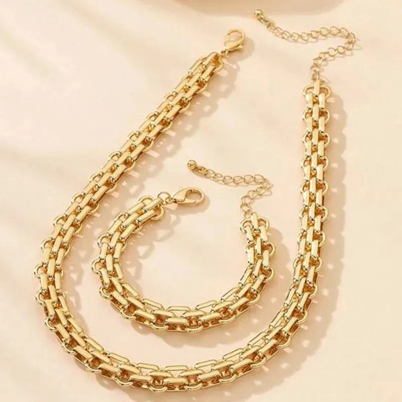 Ensemble Bijoux Femme Chaîne Punk Plaqué Or - Collier Bracelet Gros Maillons Style Dubai