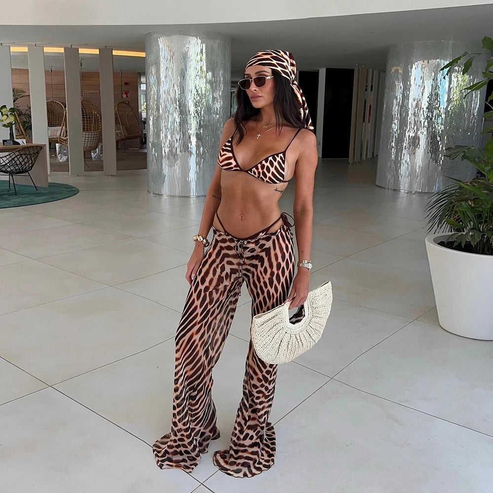 Bikini 3 Pièces Imprimé avec Kimono Cover-Up - Ensemble Maillot de Bain Luxe