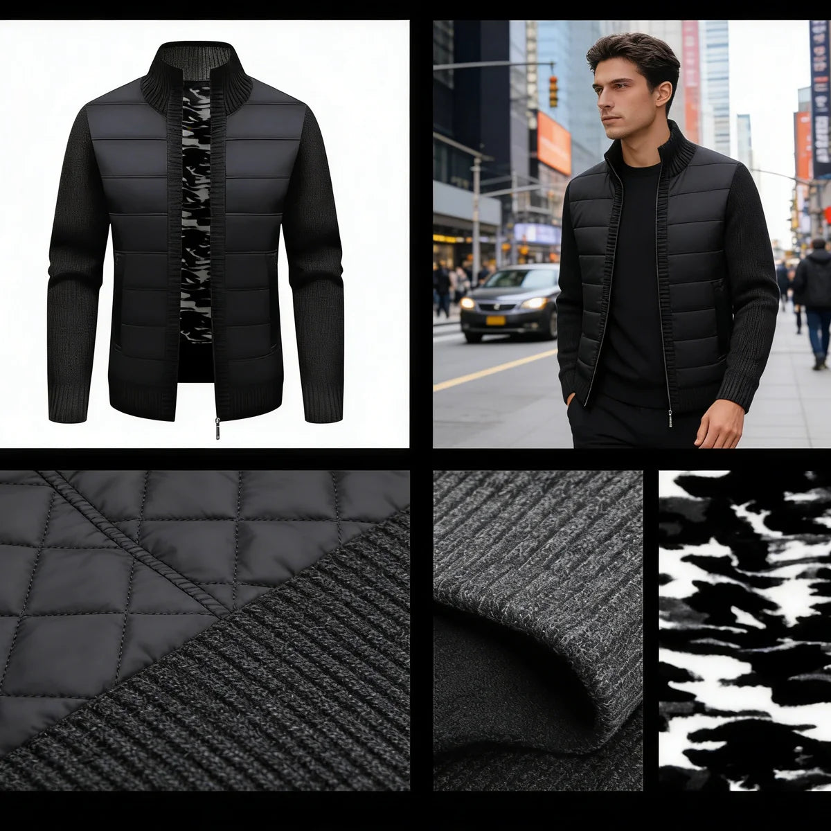 Cardigan homme noir à capuche, empiècements matelassés, manches en tricot côtelé