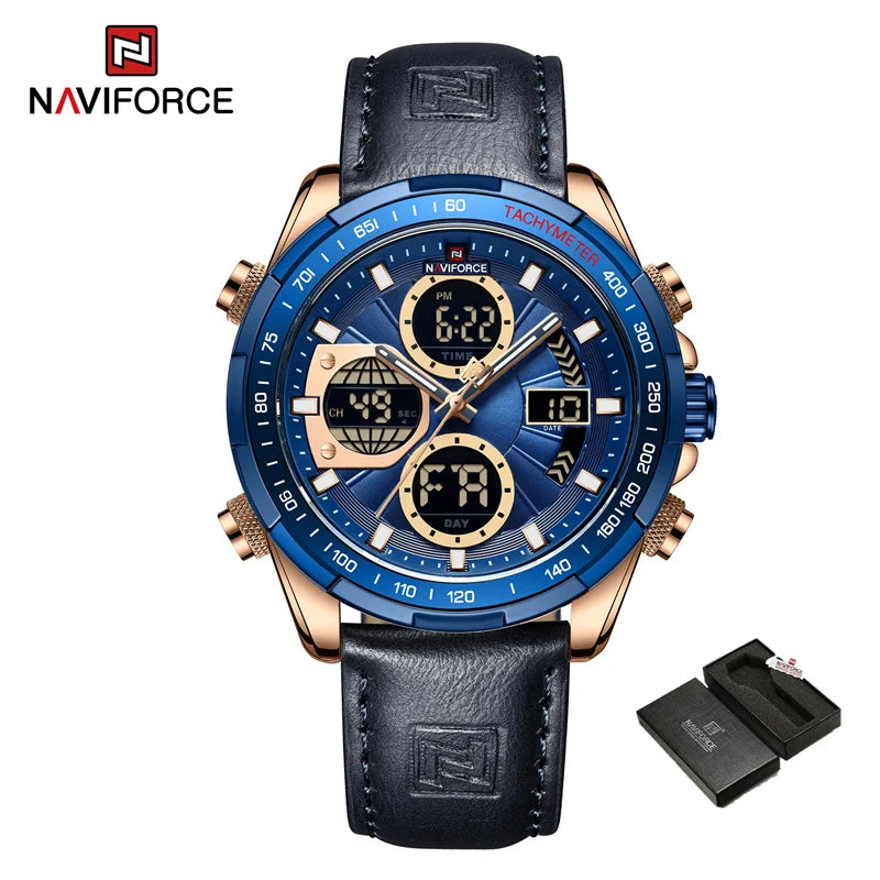 Montre homme NAVIFORCE à bracelet cuir noir et cadran bleu, boîtier doré-rosé, chronographe.