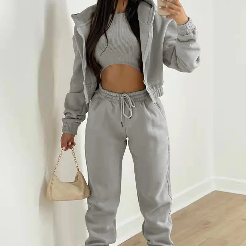 Ensemble 3 Pieces Femme - Sweat Capuche Zippee Debardeur Pantalon Jogging
