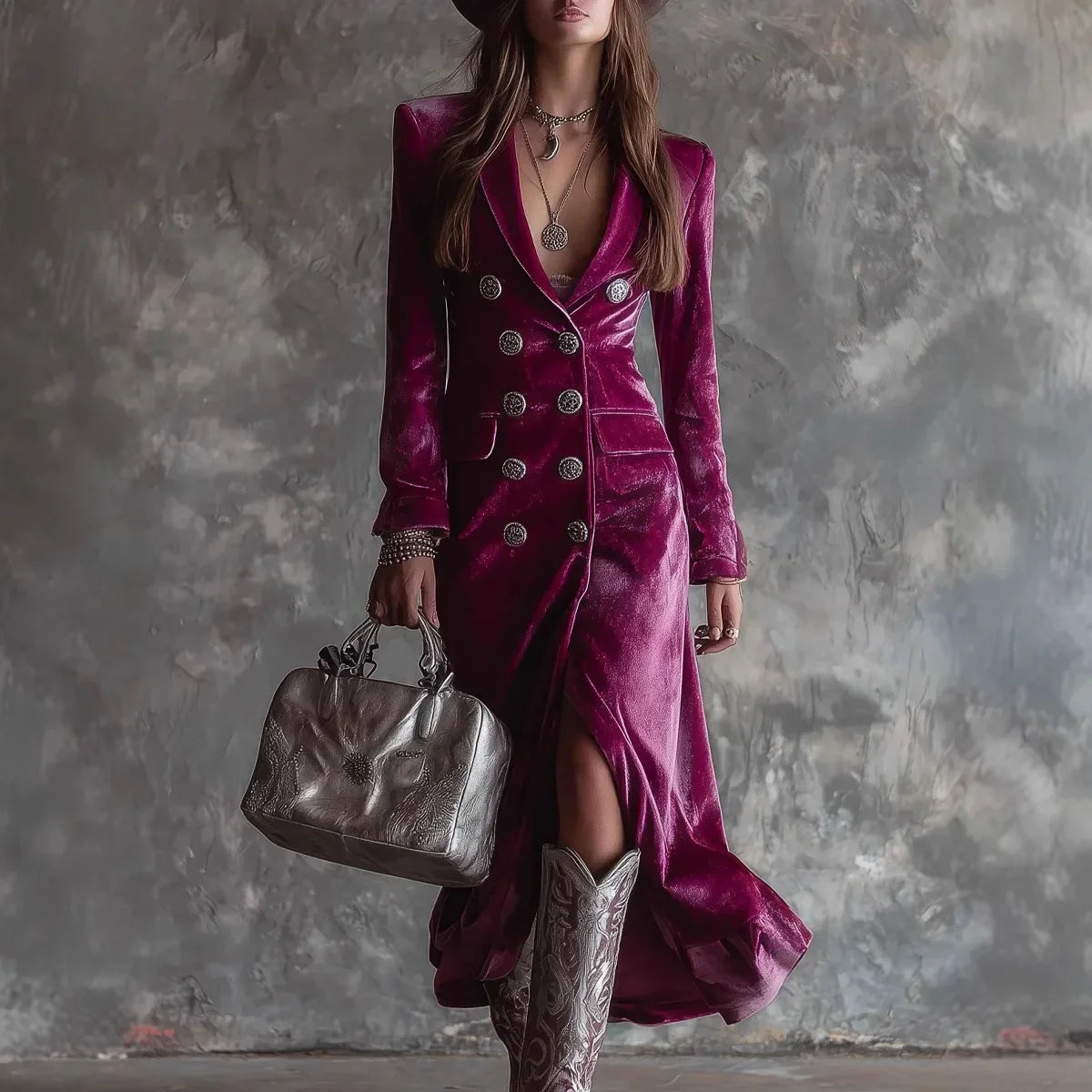 Robe Mi-Longue en Velours Femme Élégante - Double Boutonnage Automne