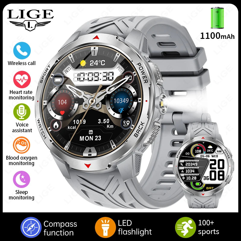Montre Intelligente LIGE Homme 1100mAh - Boussole Outdoor 3ATM Étanche Bluetooth Fitness - MONASTORESHOP.COM