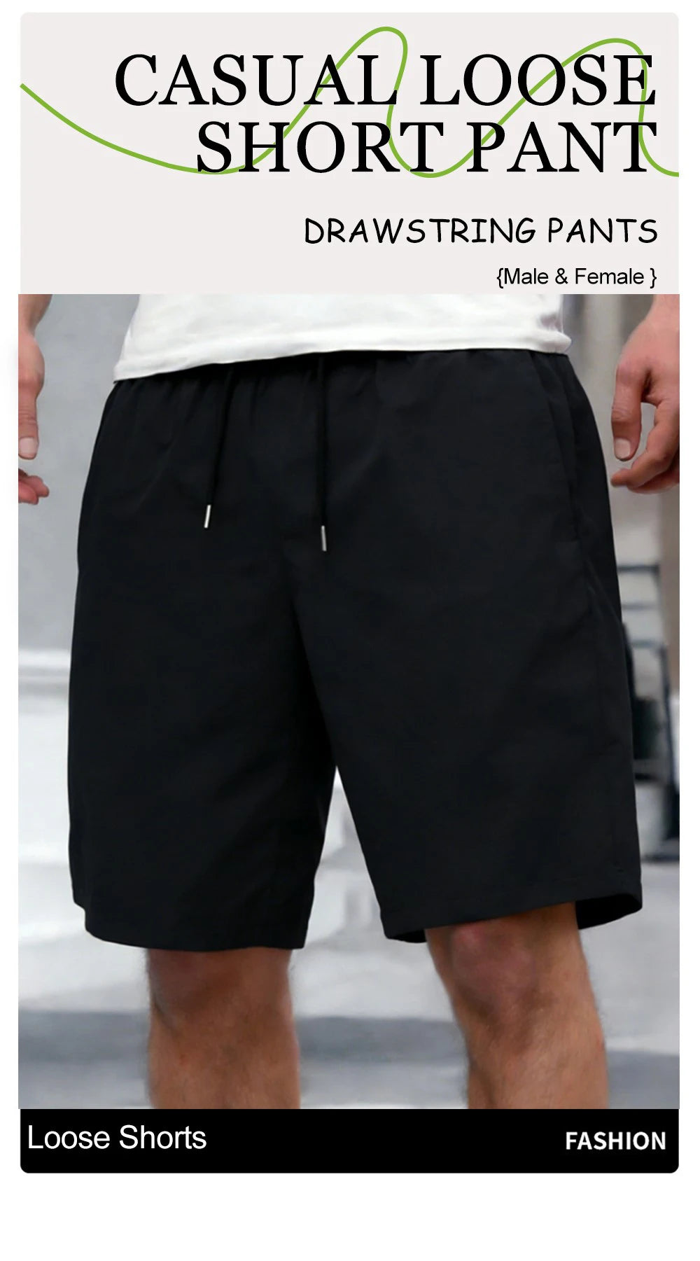 Short ample noir à cordon, porté avec t-shirt clair; taille élastique