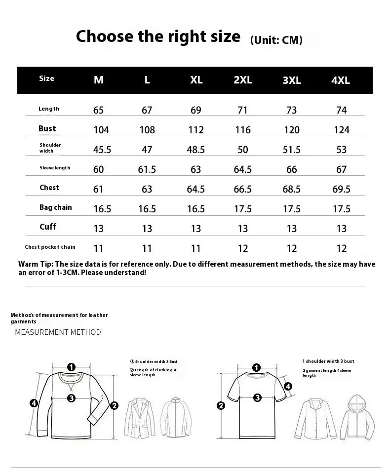 Tableau des tailles pour veste en cuir PU homme, mesures en cm