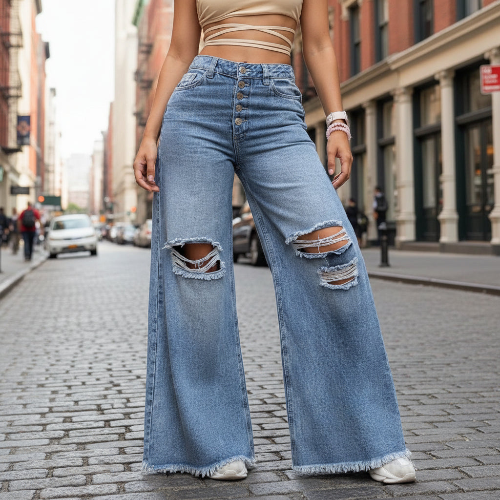 Jean Taille Haute Jambes Larges Femme - Coupe Loose Denim Bleu