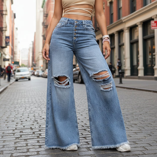 Jean Taille Haute Jambes Larges Femme - Coupe Loose Denim Bleu