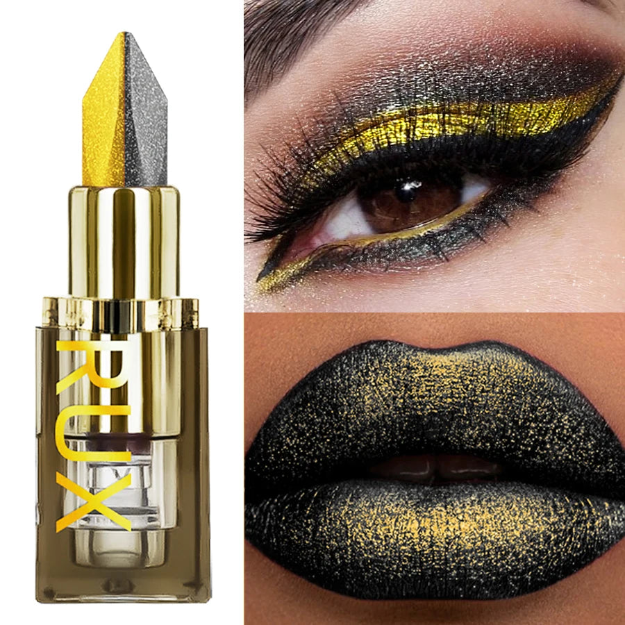 Rouge à lèvres noir et jaune, embout visible et lèvres effet métallisé pailleté