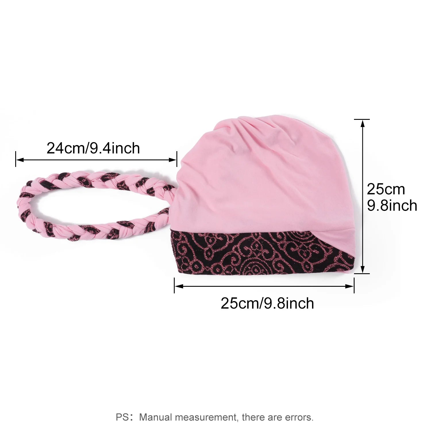 Bonnet turban tressé rose pâle et motifs noirs, vue avec dimensions.