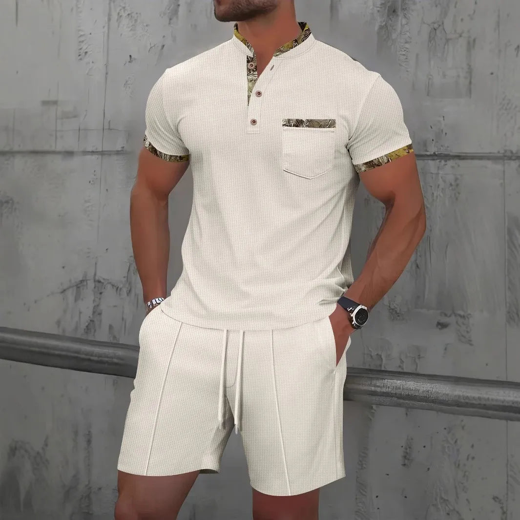 Ensemble polo homme gaufré blanc : polo à col boutonné et short avec cordon