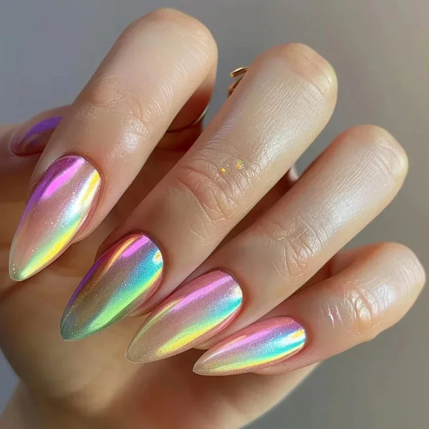 Faux ongles pointus , Aurora noir, blanc, nacré, brillant