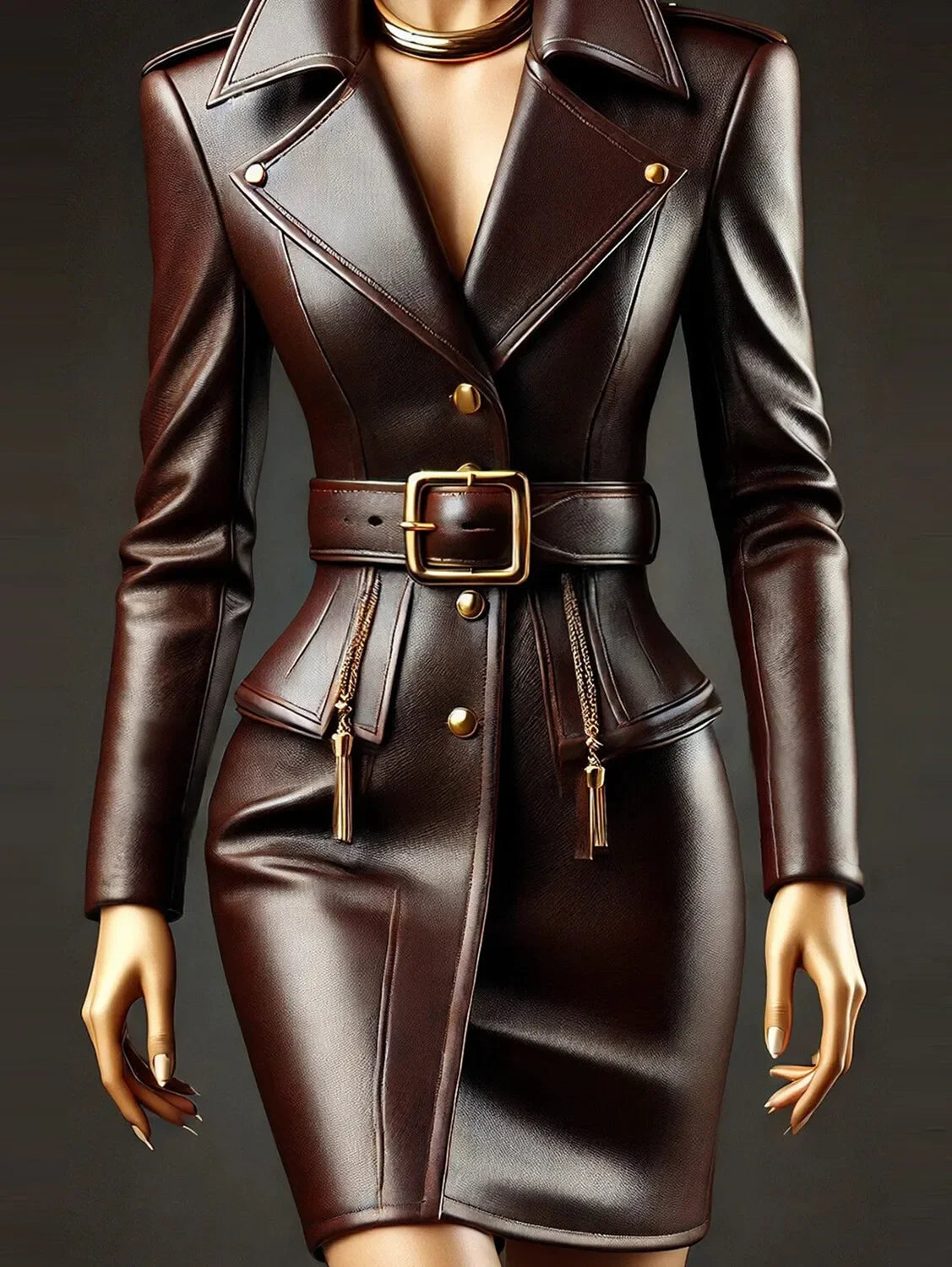 Robe en cuir vintage pour femmes, col à revers,  manches longues avec ceinture