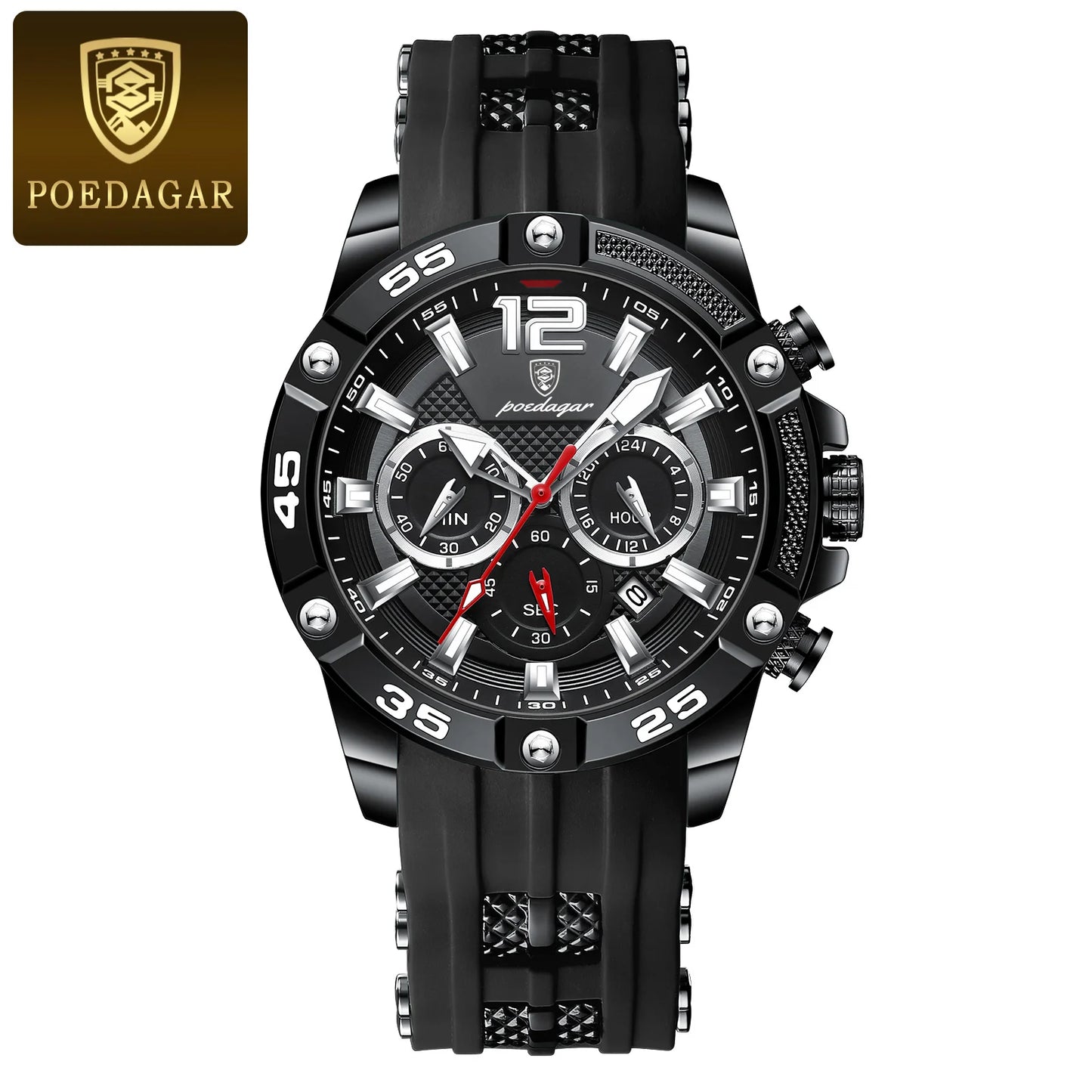Montre sport PoEDAGAR chronographe, bracelet silicone noir, cadran noir à compteurs