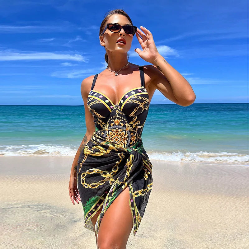 Maillot de bain une pièce push-up bleu à bretelles, imprimé baroque chaînes dorées