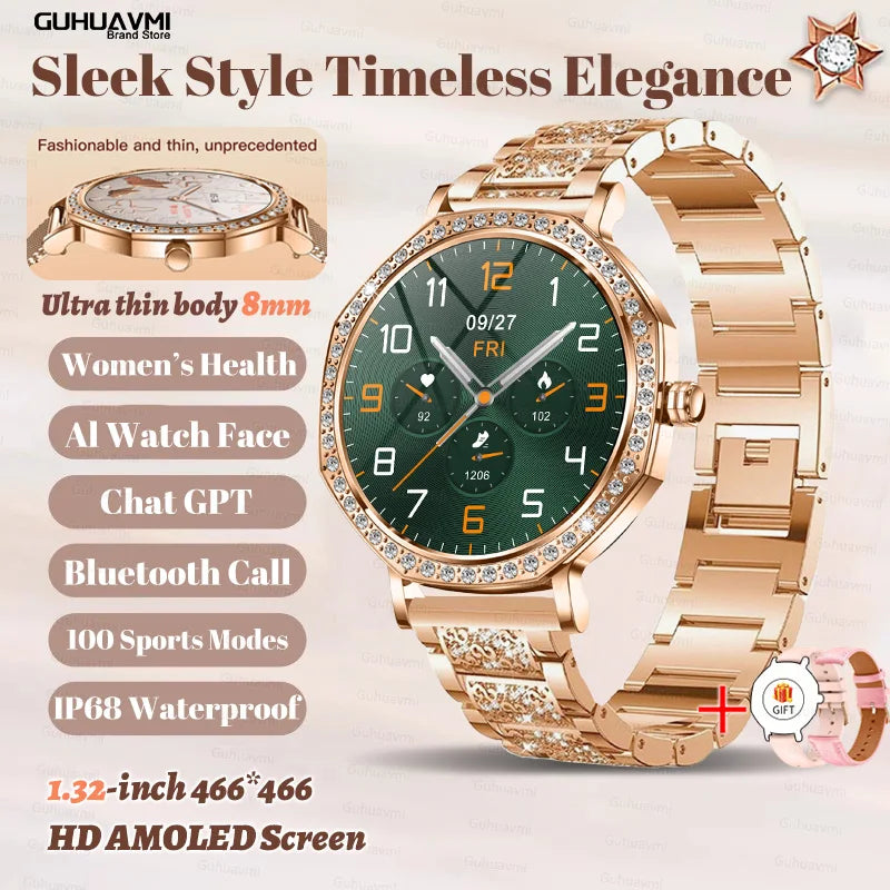 Montre Connectée Luxe Femme Diamant ChatGPT - 8mm Ultra Fine Bluetooth IP68 Or Rose - MONASTORESHOP.COM