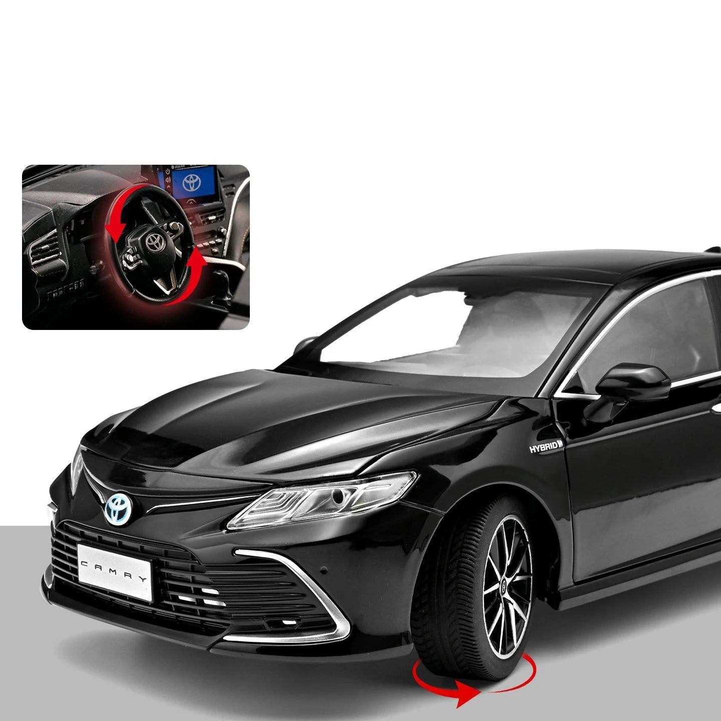 Voiture miniature noire Toyota Camry, vue avant avec roue et pare-chocs