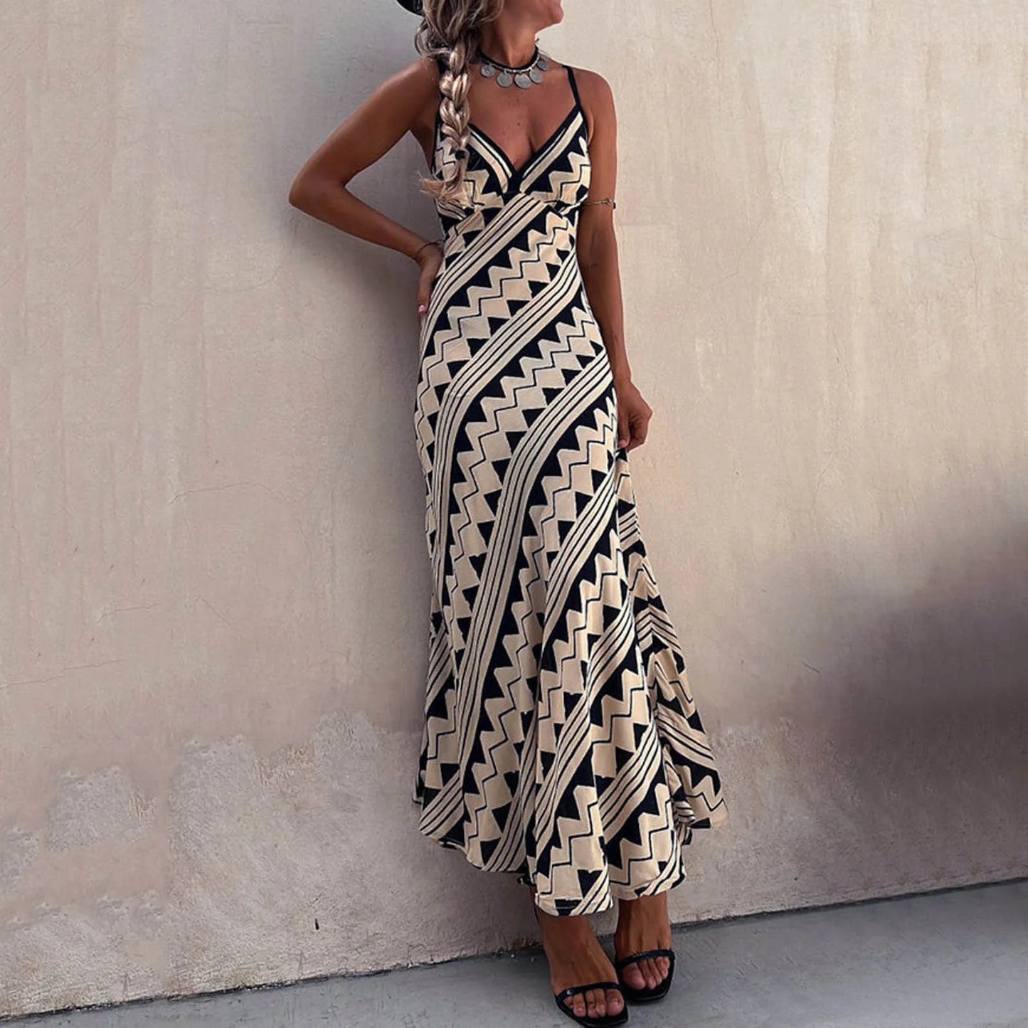 Robe Longue Boheme Femme - Col Rond Sans Manches Coupe Droite