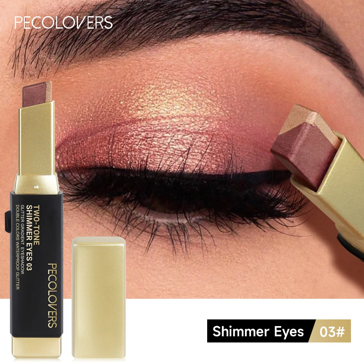 Fard à paupières en stick, bronze rosé et doré, maquillage scintillant sur la paupière