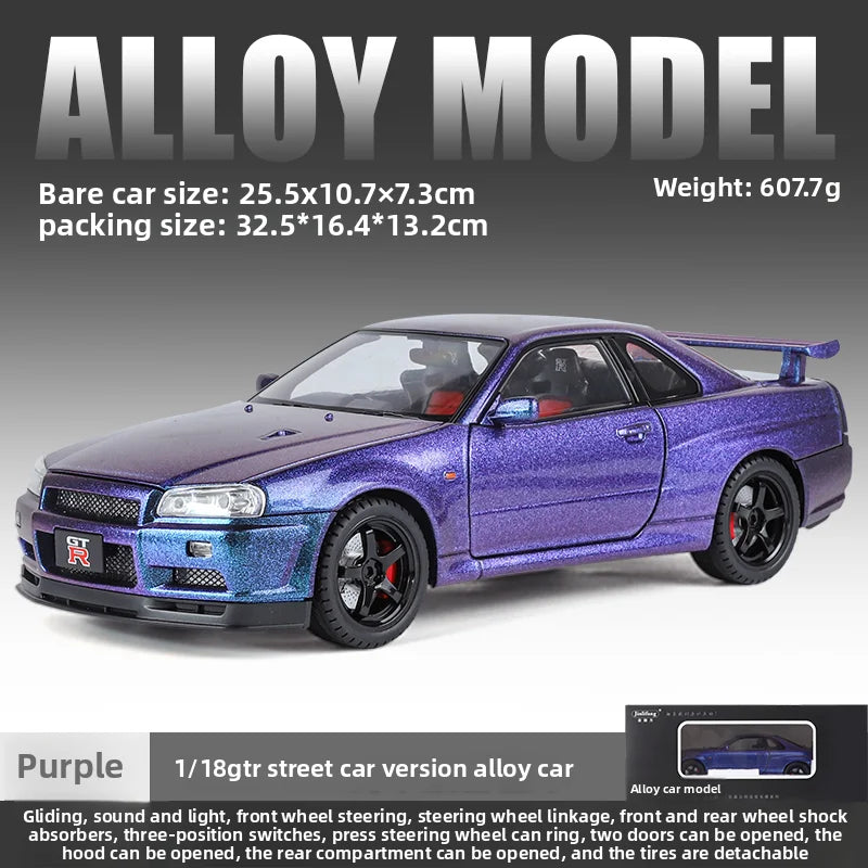 Modèle de voiture Nissan GT-R R34 Skyline en alliage roue démontable au 1/18