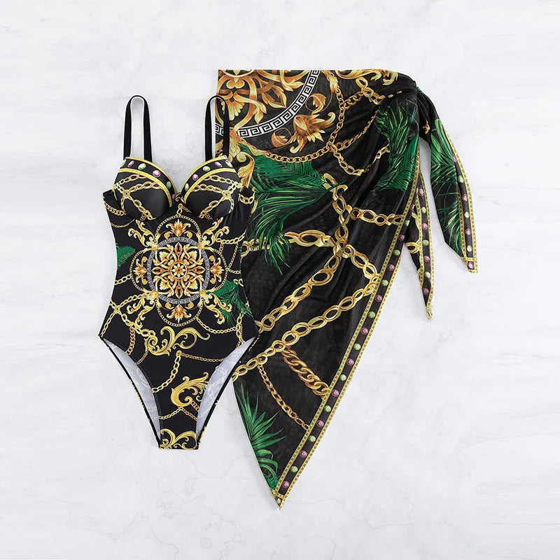 Maillot de bain une pièce push-up noir à armatures, imprimé or et motif feuillage