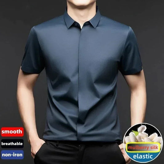 chemise hommes décontracté en soie polyester slim