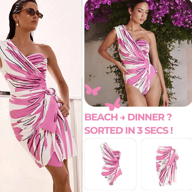 Maillot de Bain Une Pièce Asymétrique Fleuri - Volants & Lacets - Push-Up Sexy