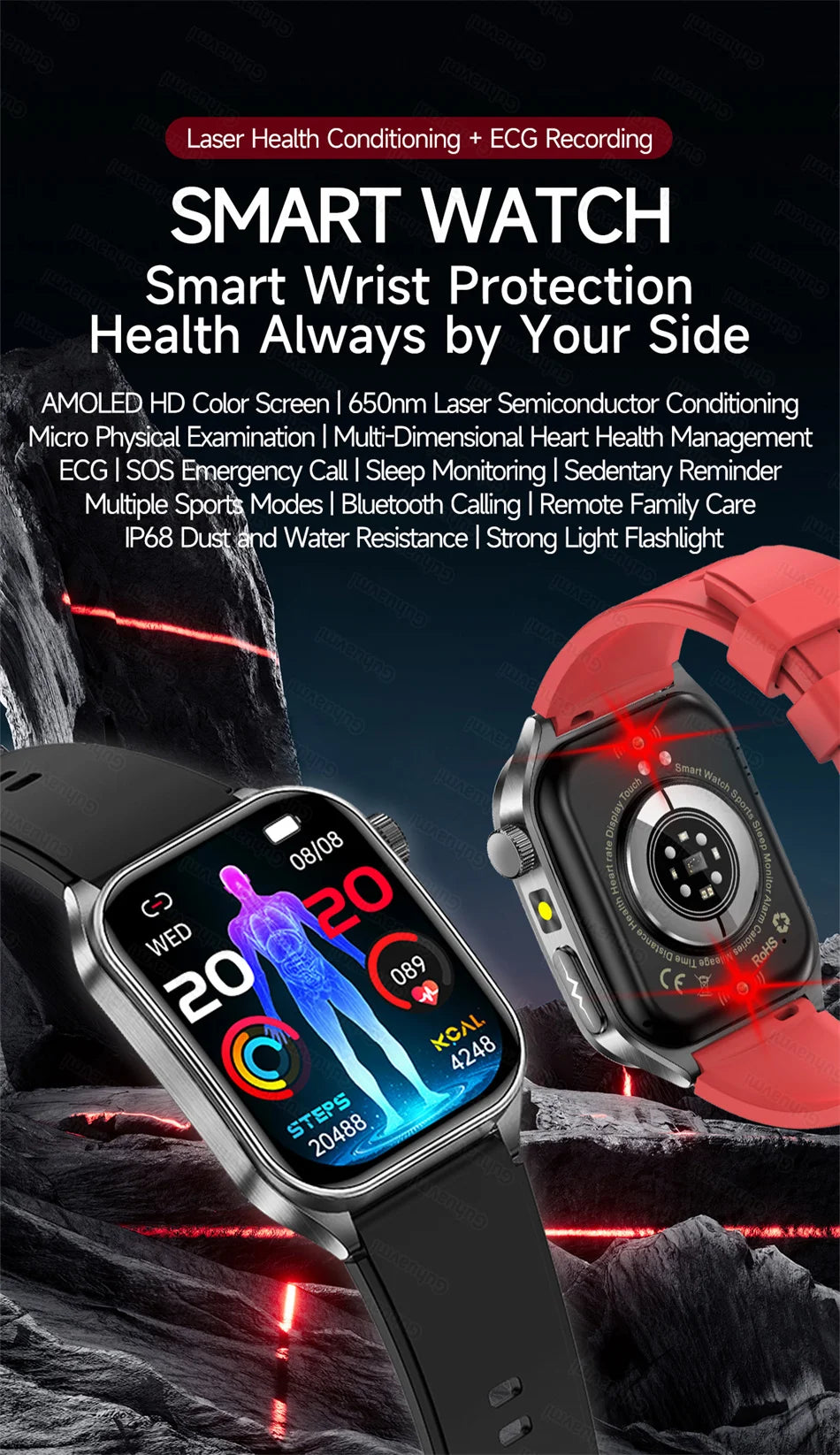 Montre Connectée Santé Thérapie Laser - ECG, Oxygène Sanguin, Acide Urique - Smartwatch Bien-être