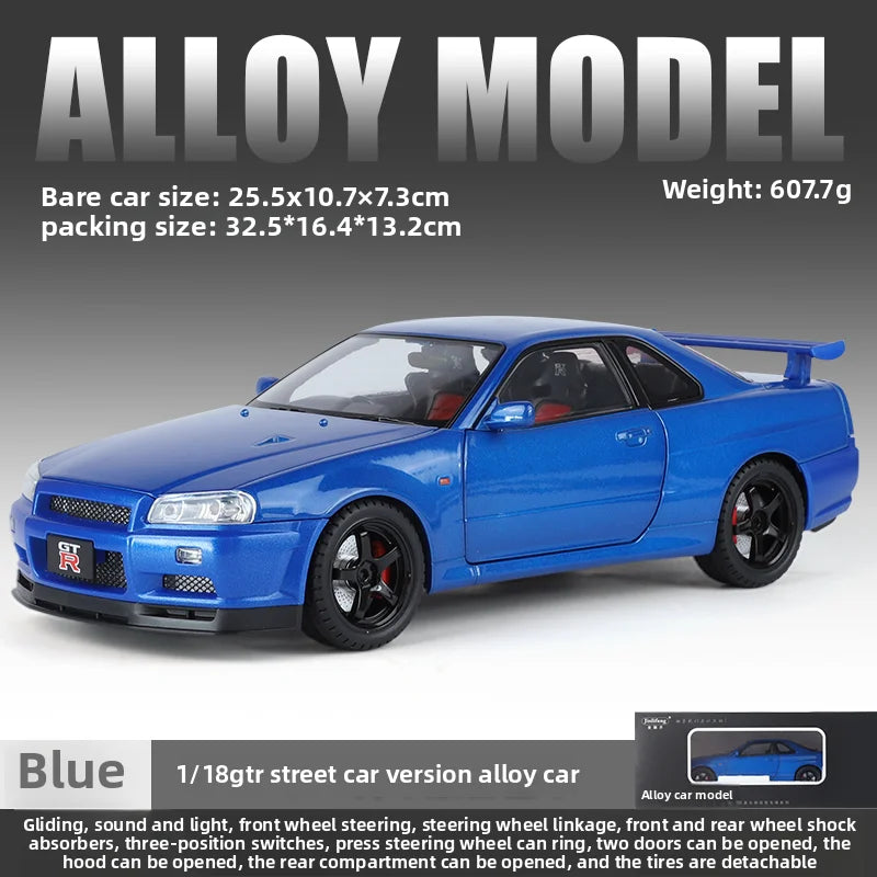 Modèle de voiture Nissan GT-R R34 Skyline en alliage roue démontable au 1/18