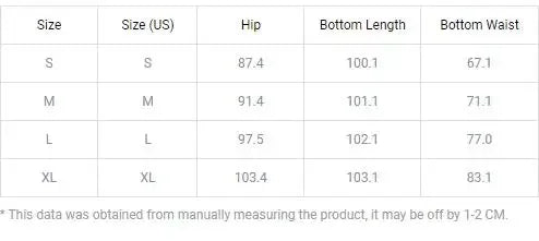 Tableau des tailles du pantalon : S à XL, mesures hanches et longueur