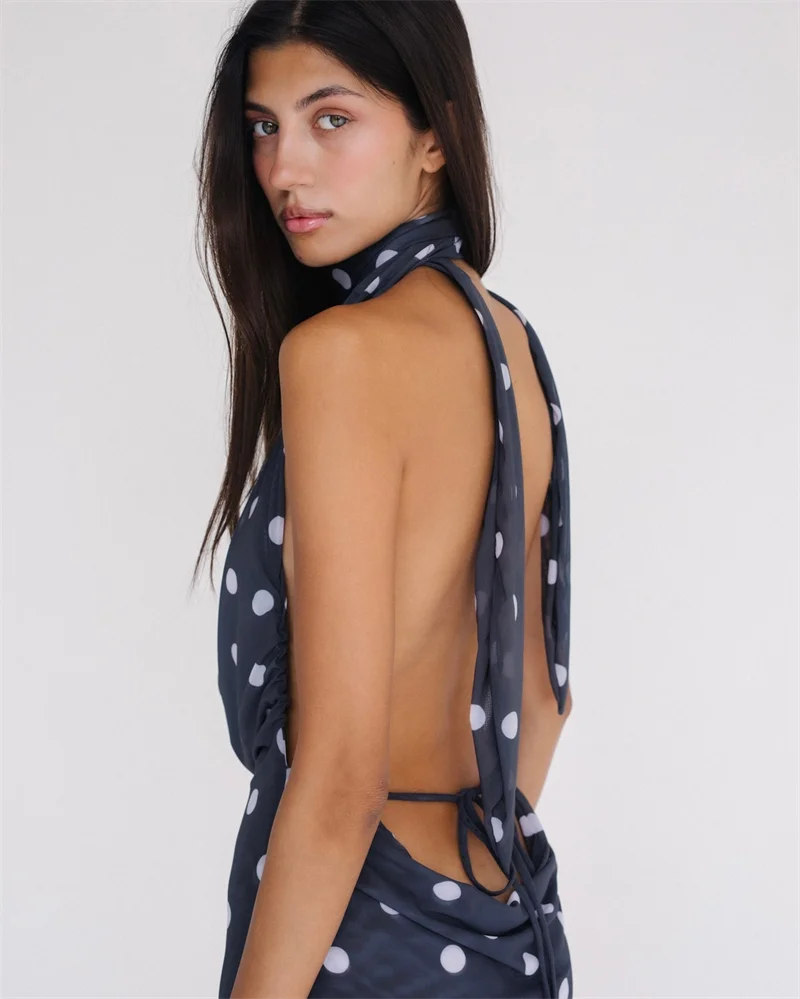 Mini Robe Maille Pois Dos Nu - Col V Profond, Sans Manches, Coupe Slim
