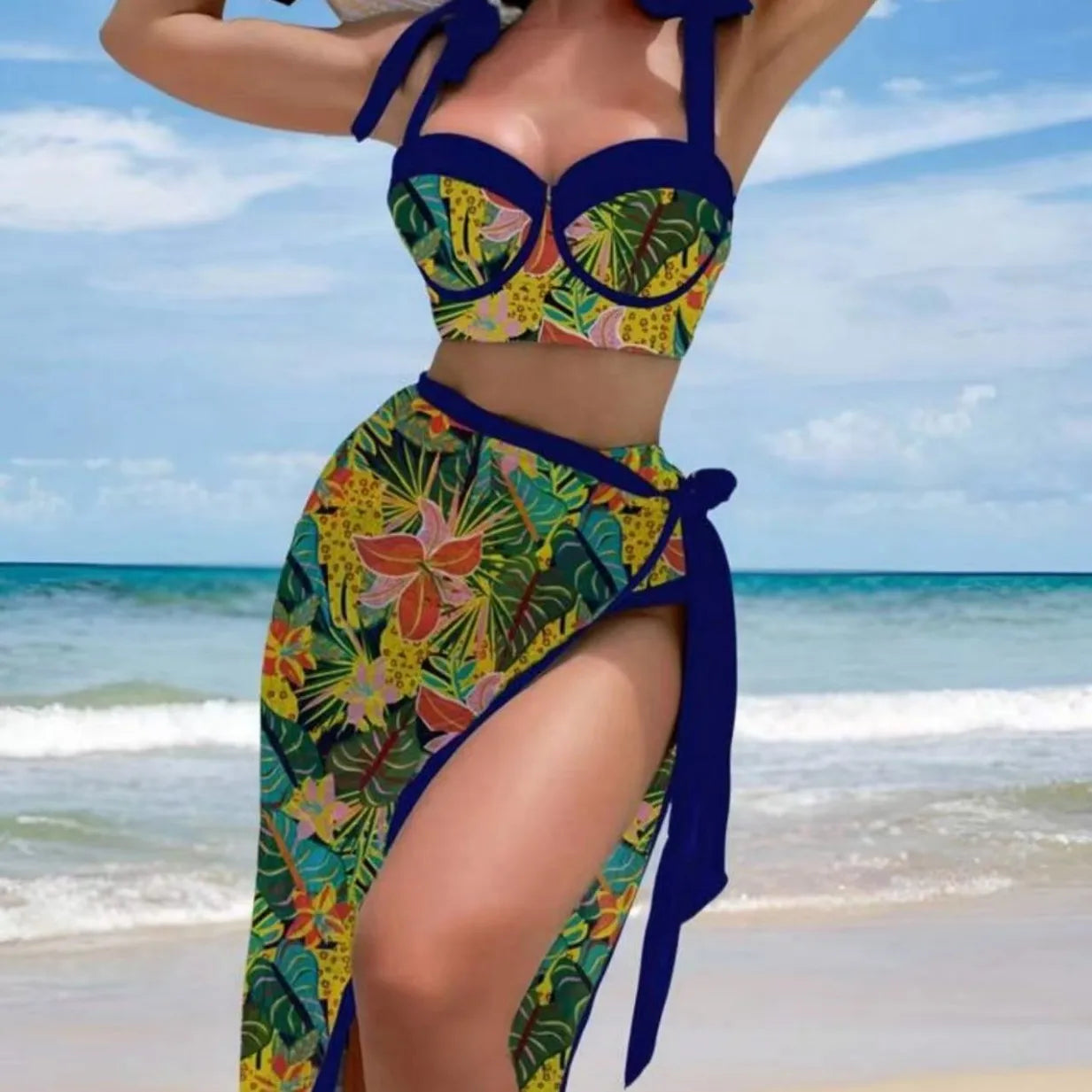 Ensemble de bikini 3 pièces taille haute à armatures, haut bleu à fleurs et jupe drapée