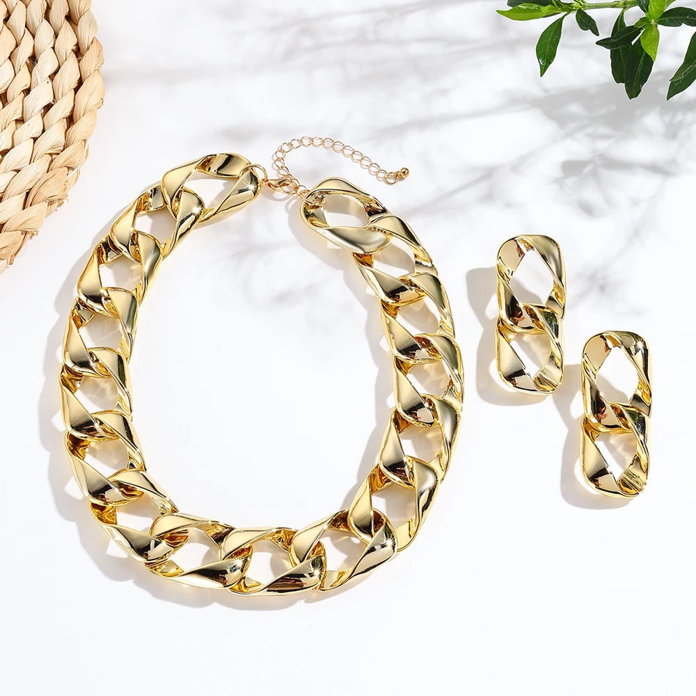 Parure Bijoux Femme Hip Hop - Collier Ras-du-Cou & Boucles Fluorescent Doré