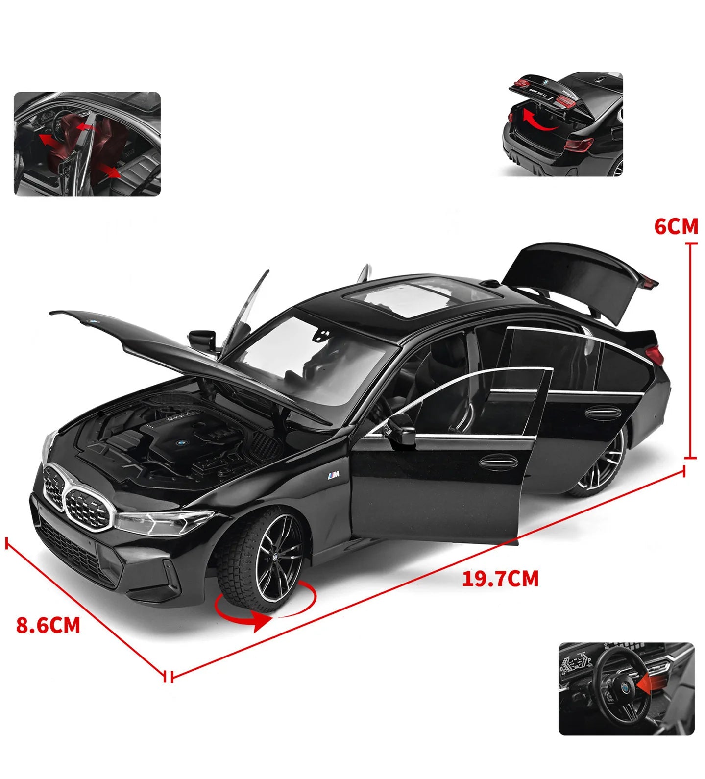 Voiture miniature noire ouverte, capot relevé et dimensions indiquées