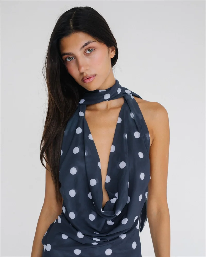 Mini Robe Maille Pois Dos Nu - Col V Profond, Sans Manches, Coupe Slim